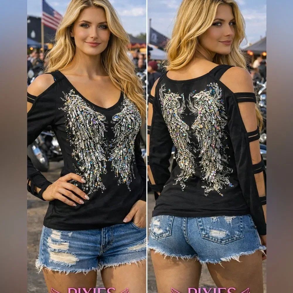 Platinum Plush Aurora Angel Wing Rhinestone Cold Shoulder Top